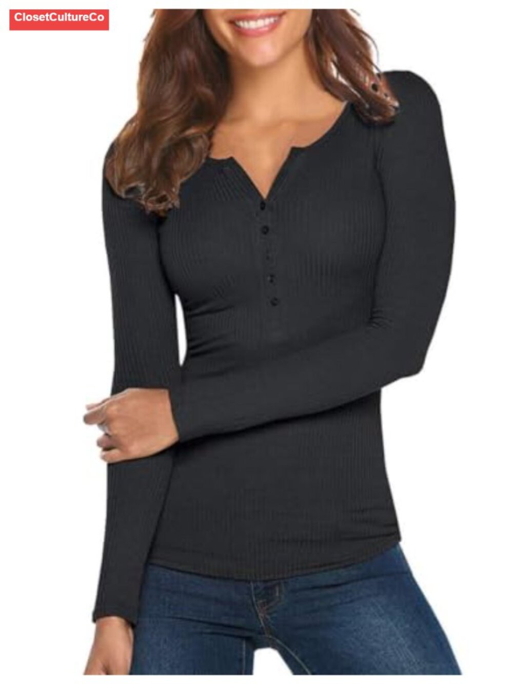 Women's Henley Long Sleeve V Neck Ribbed Button Down Knit Sweater